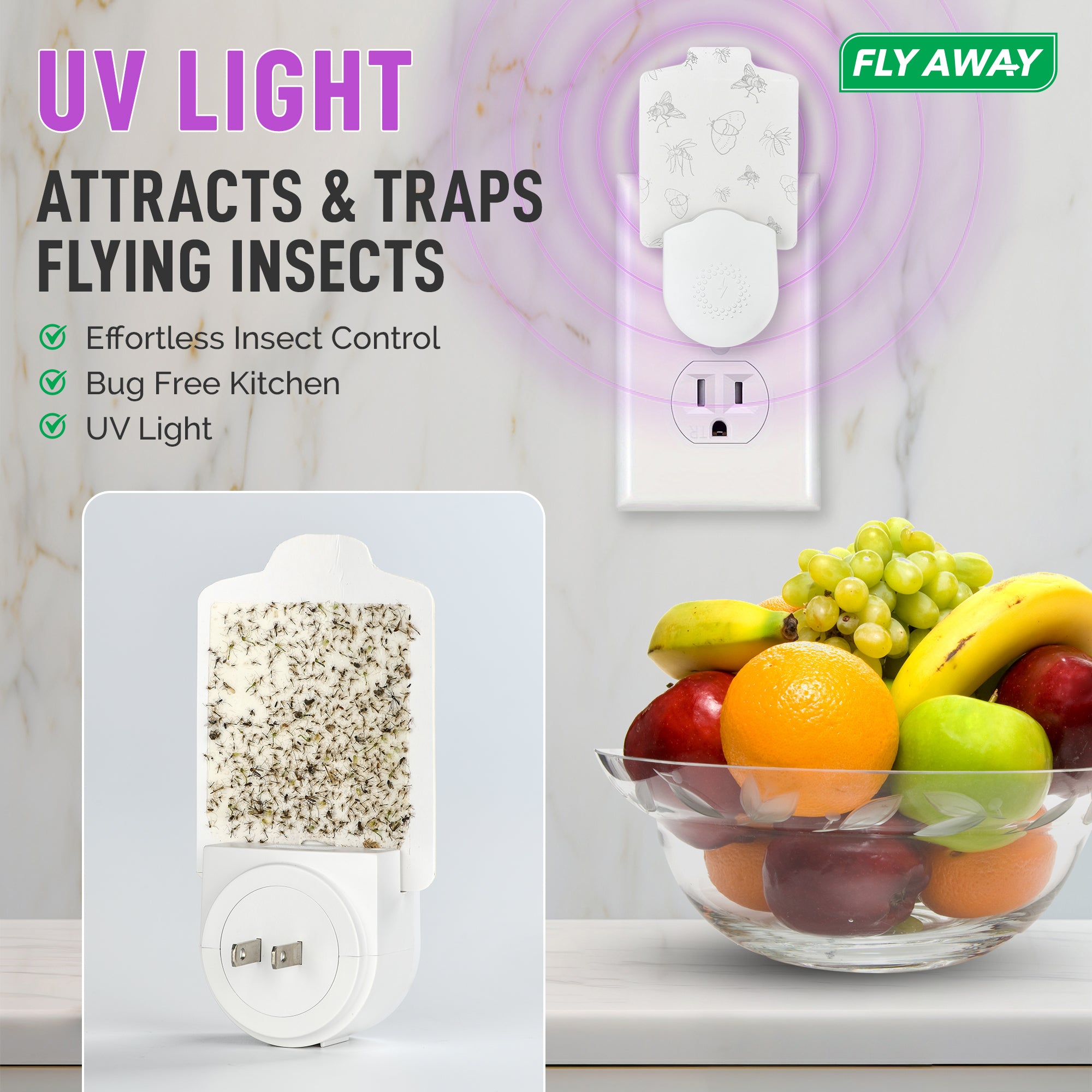 Fly Away UV Light Trap for Fruit Flies, Gnats & Mosquitoes – Indoor Plug-In Insect Trap with 395nm UV Light and 6 Refills - Fly Away Products