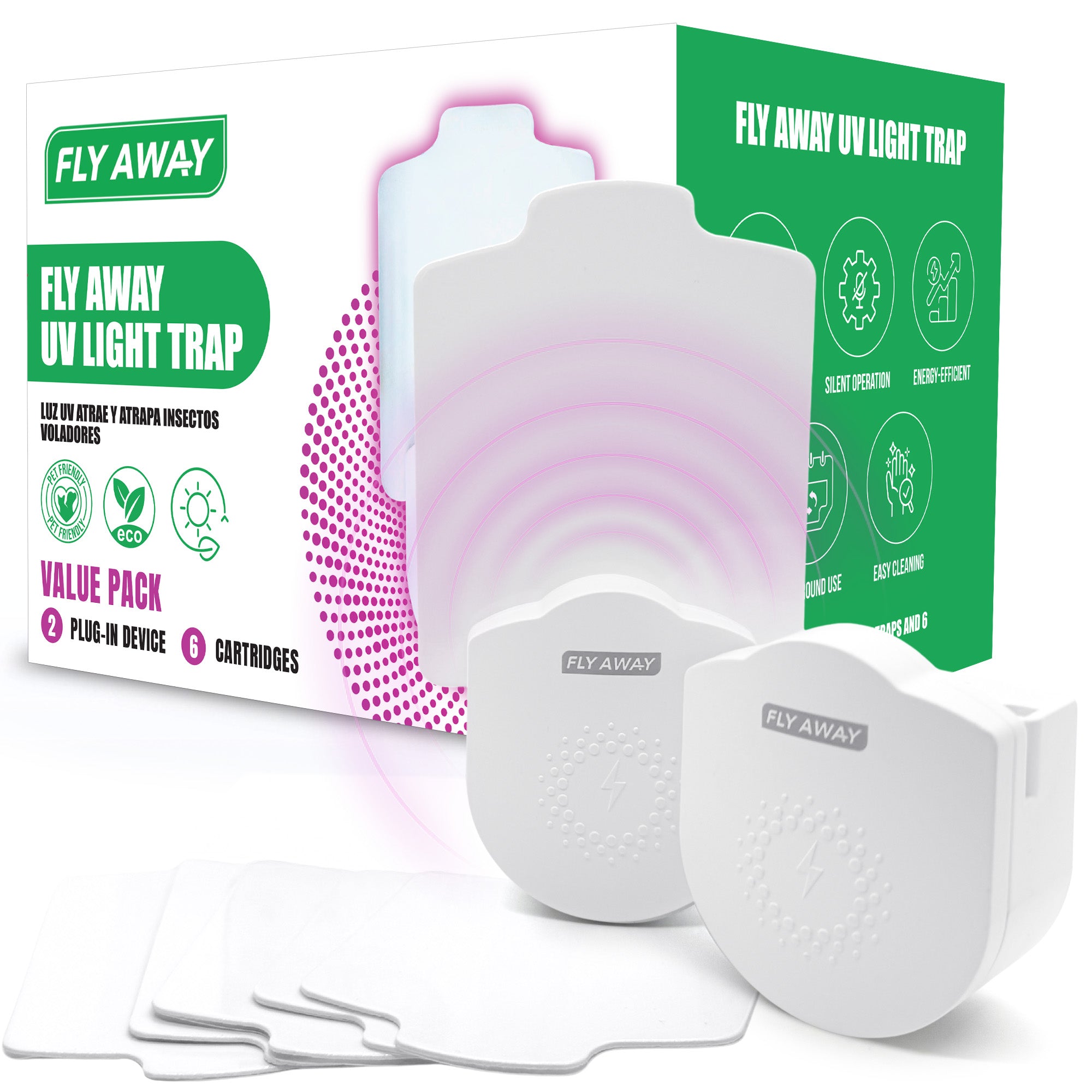 Fly Away UV Light Trap for Fruit Flies, Gnats & Mosquitoes – Indoor Plug-In Insect Trap with 395nm UV Light and 6 Refills - Fly Away Products